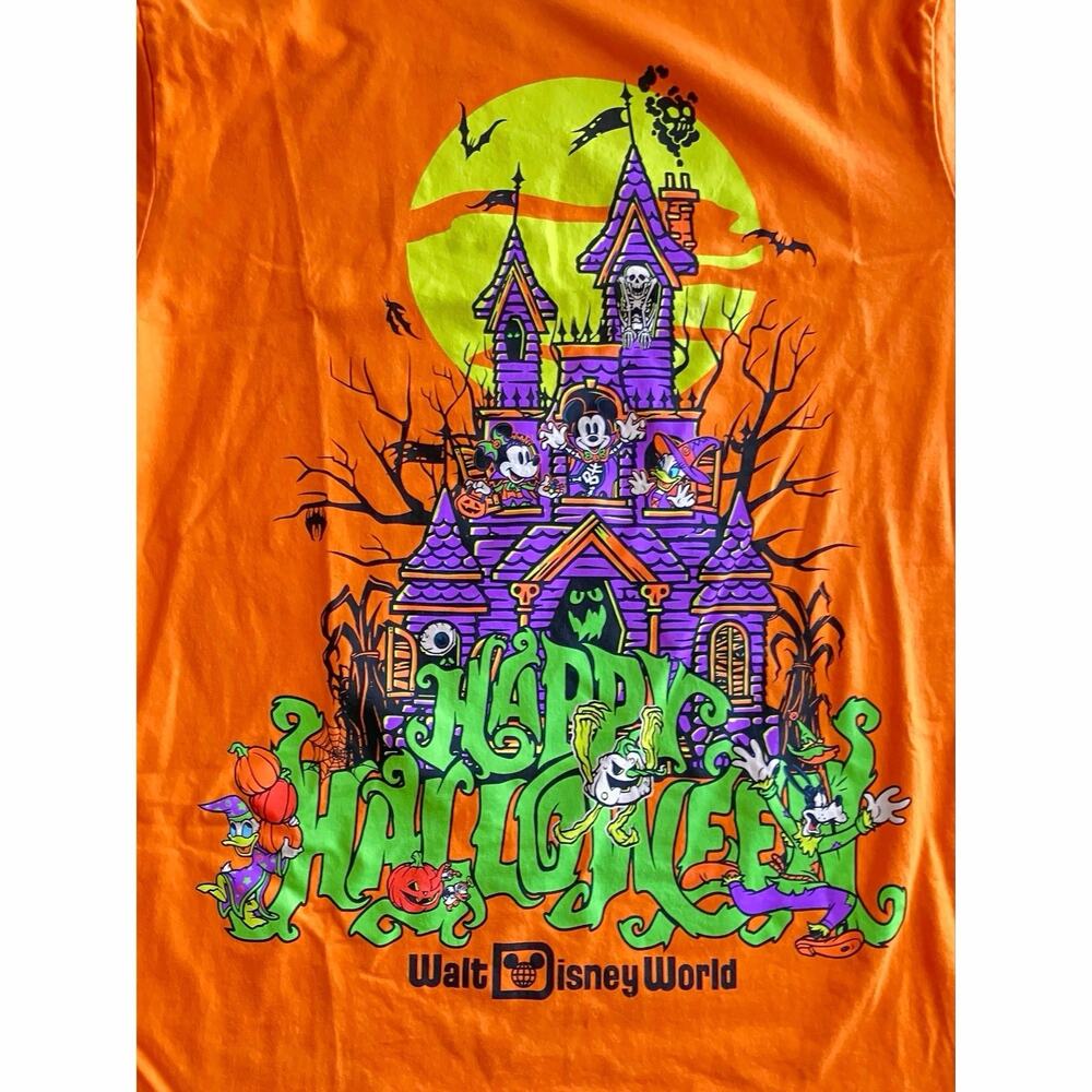 Mickey Halloween Orange Tshirt EUC Haunted House Graphic Size LG Disney World